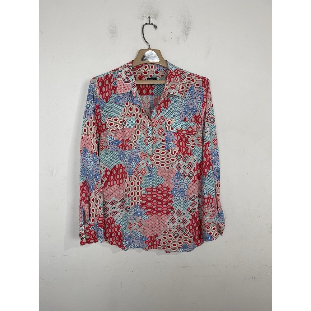 Talbots Womens Shirt Large Patchwork Scarecrow Spring Pink Popover Art Farmer‎